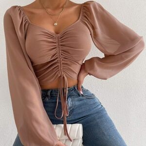 Sweet Talk Drawstring Crop Top - Camel